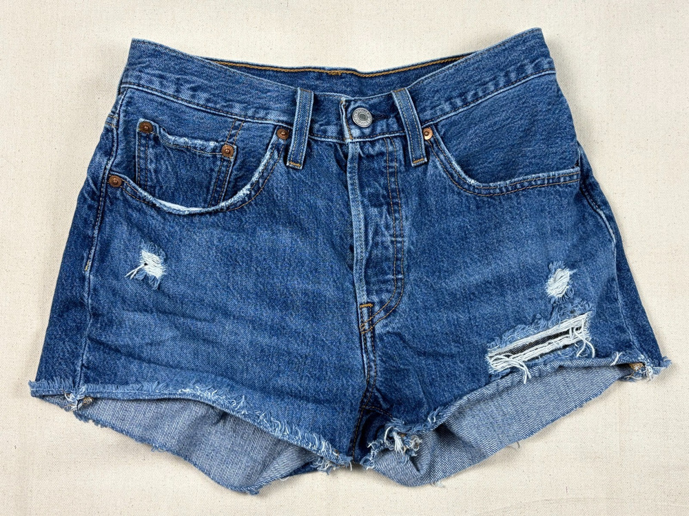 Levi’s 501 Womens Shorts W26 Blue Denim Distressed Cutoff Button Fly High Rise